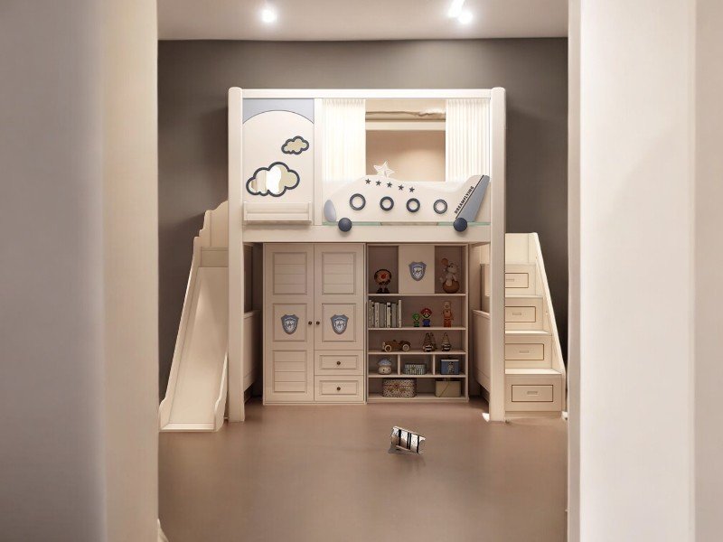 Giường tầng trẻ em có cầu trượt và tủ đồ