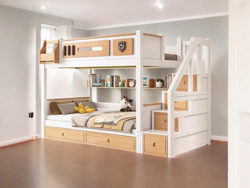 Giường tầng trẻ em có cầu trượt và tủ đồ