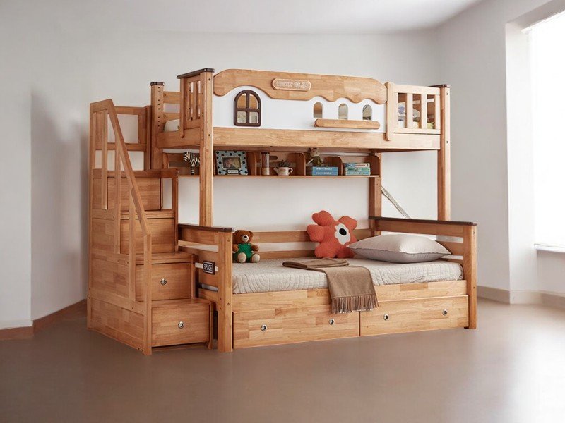 Giường tầng trẻ em có cầu trượt và tủ đồ