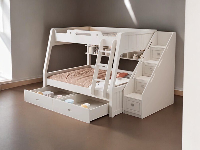 Giường tầng trẻ em có cầu trượt và tủ đồ