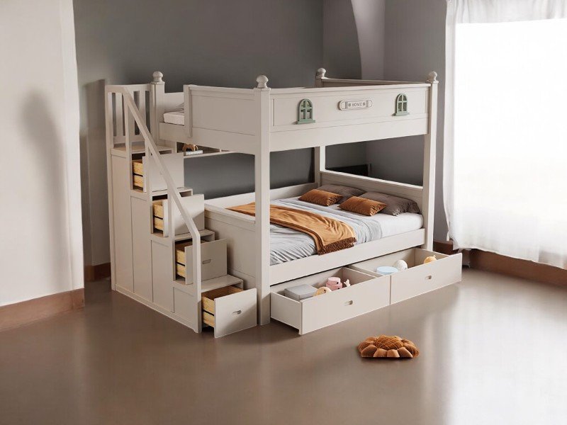 Giường tầng trẻ em có cầu trượt và tủ đồ