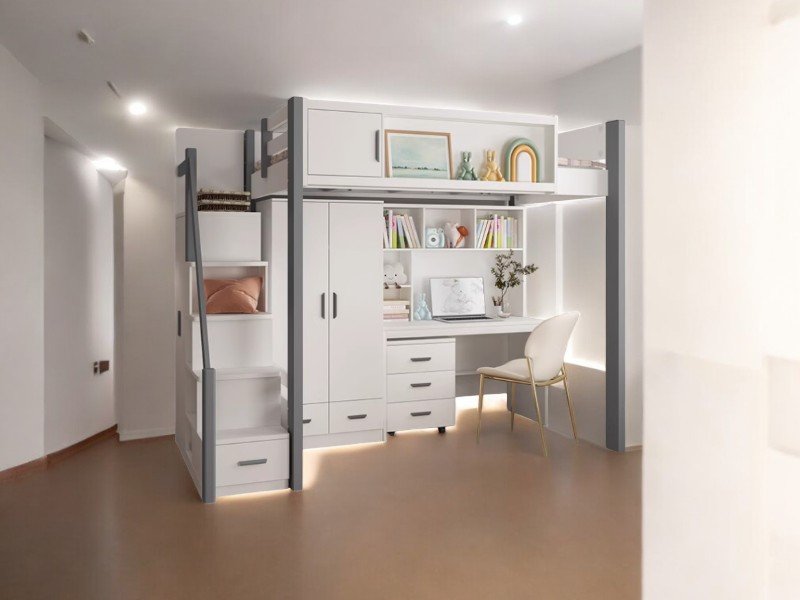 Giường tầng trẻ em có cầu trượt và tủ đồ