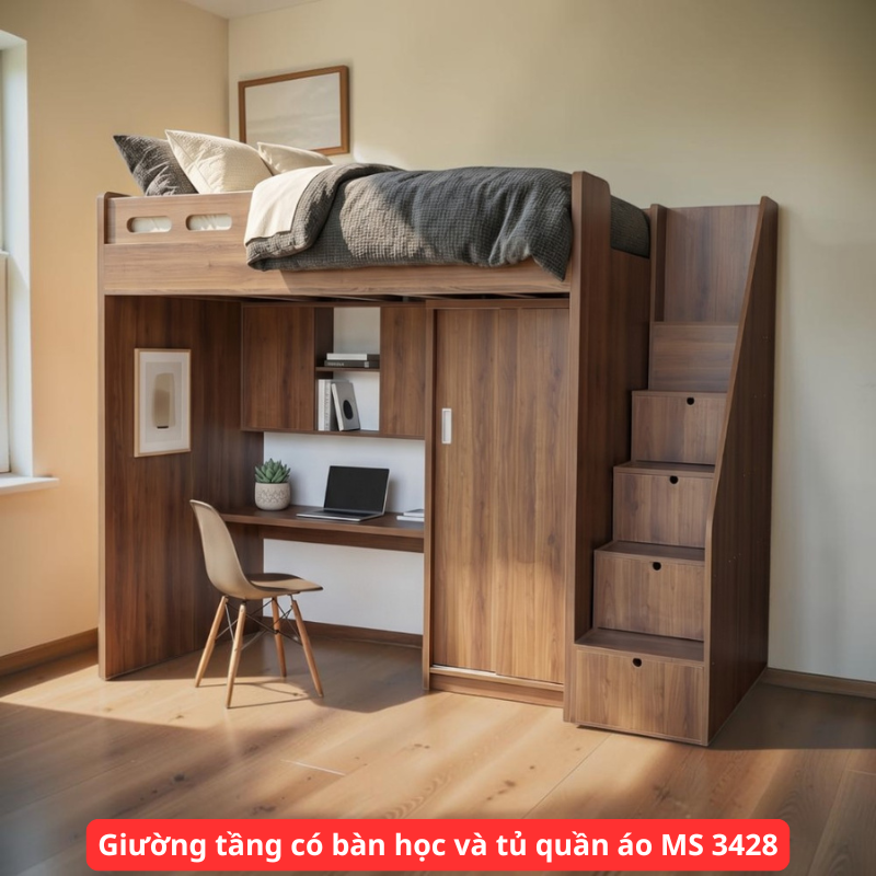 Giường tầng có bàn học và tủ quần áo MS 3428