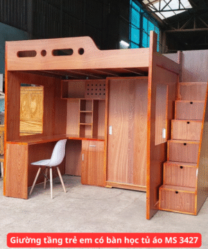 Giường Tầng Gỗ kết hợp bàn học và tủ quần áo MS 3427