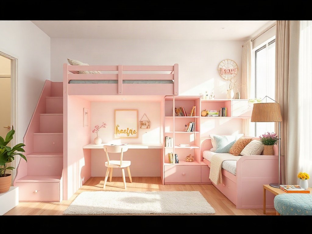 Giường tầng cho bé gái có hộc kéo - hình 6