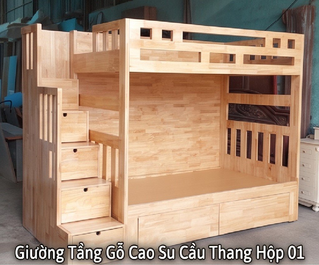 Giường Tầng Gỗ Cao Su Cầu Thang Hộp 01