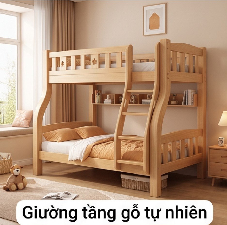 Giường tầng trẻ em gỗ tự nhiên bền đẹp, an toàn