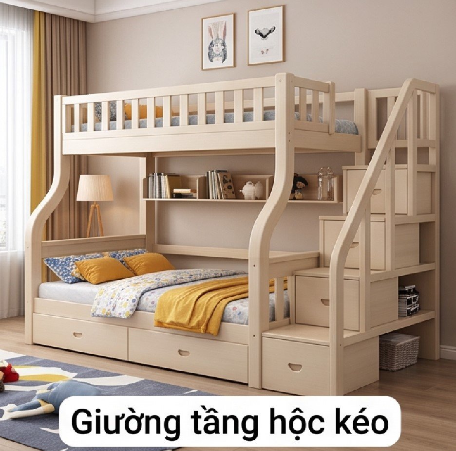 Giường tầng trẻ em trang bị hộc kéo đựng đồ tiện lợi