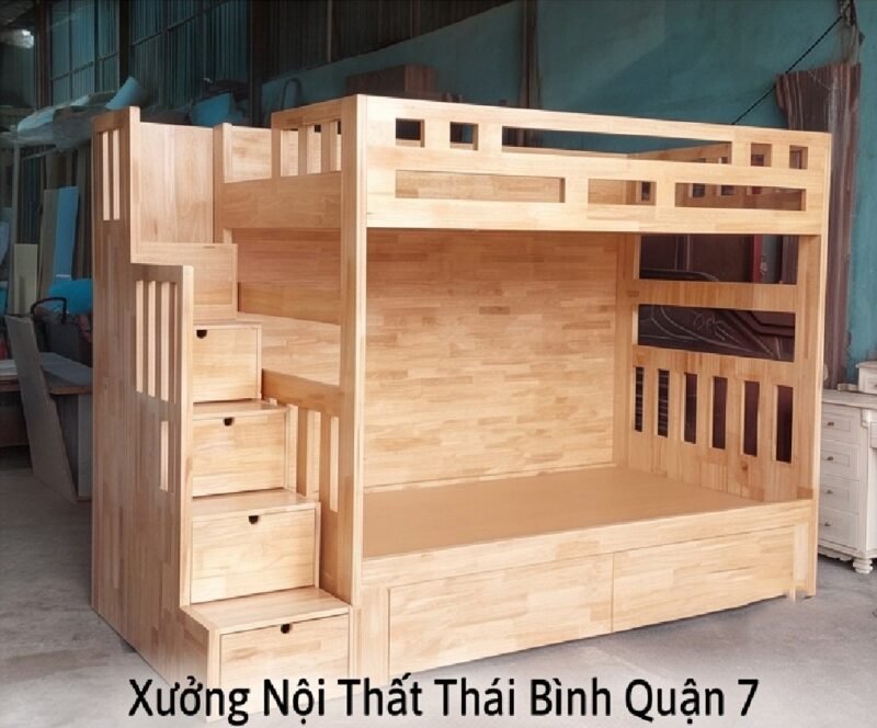 Giường tầng gỗ tự nhiên có cầu thang hộp